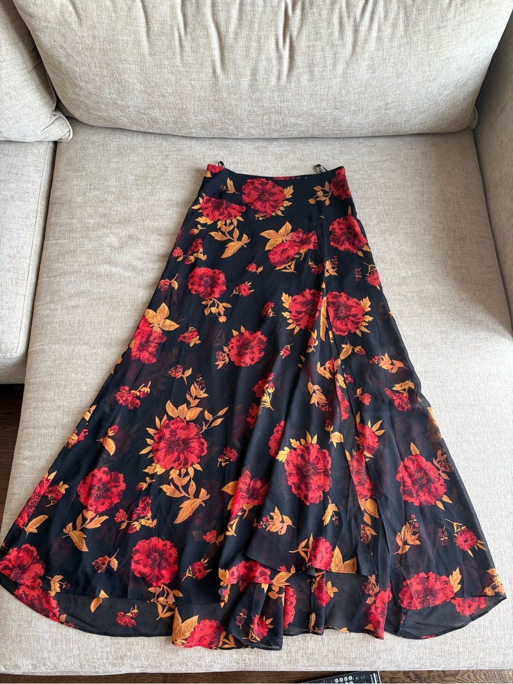 Cotton Candy Black Maxi Skirt with Red & Gold Floral Print